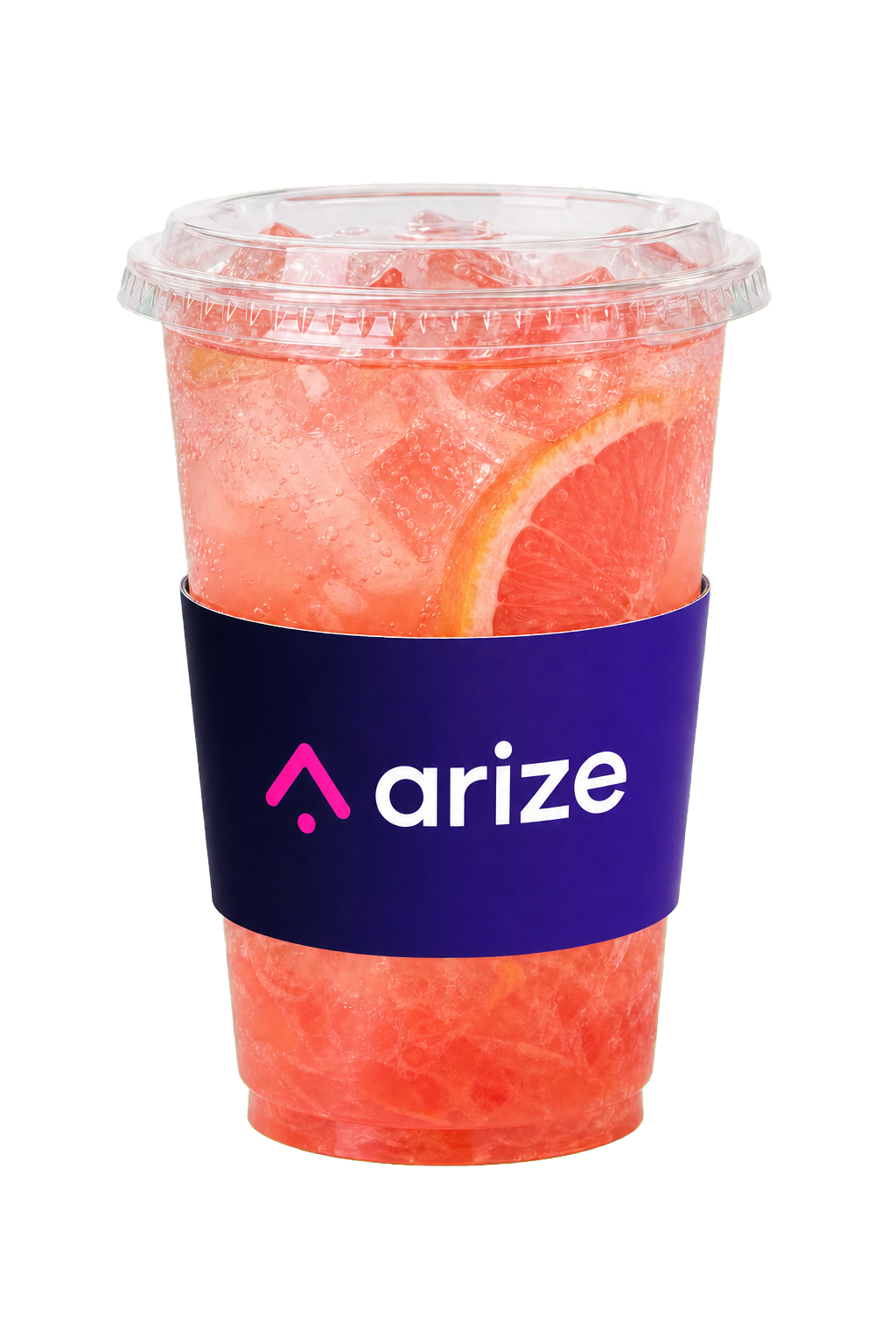 Arize Grapefruit Ade with a navy-to-purple Arize cup sleeve