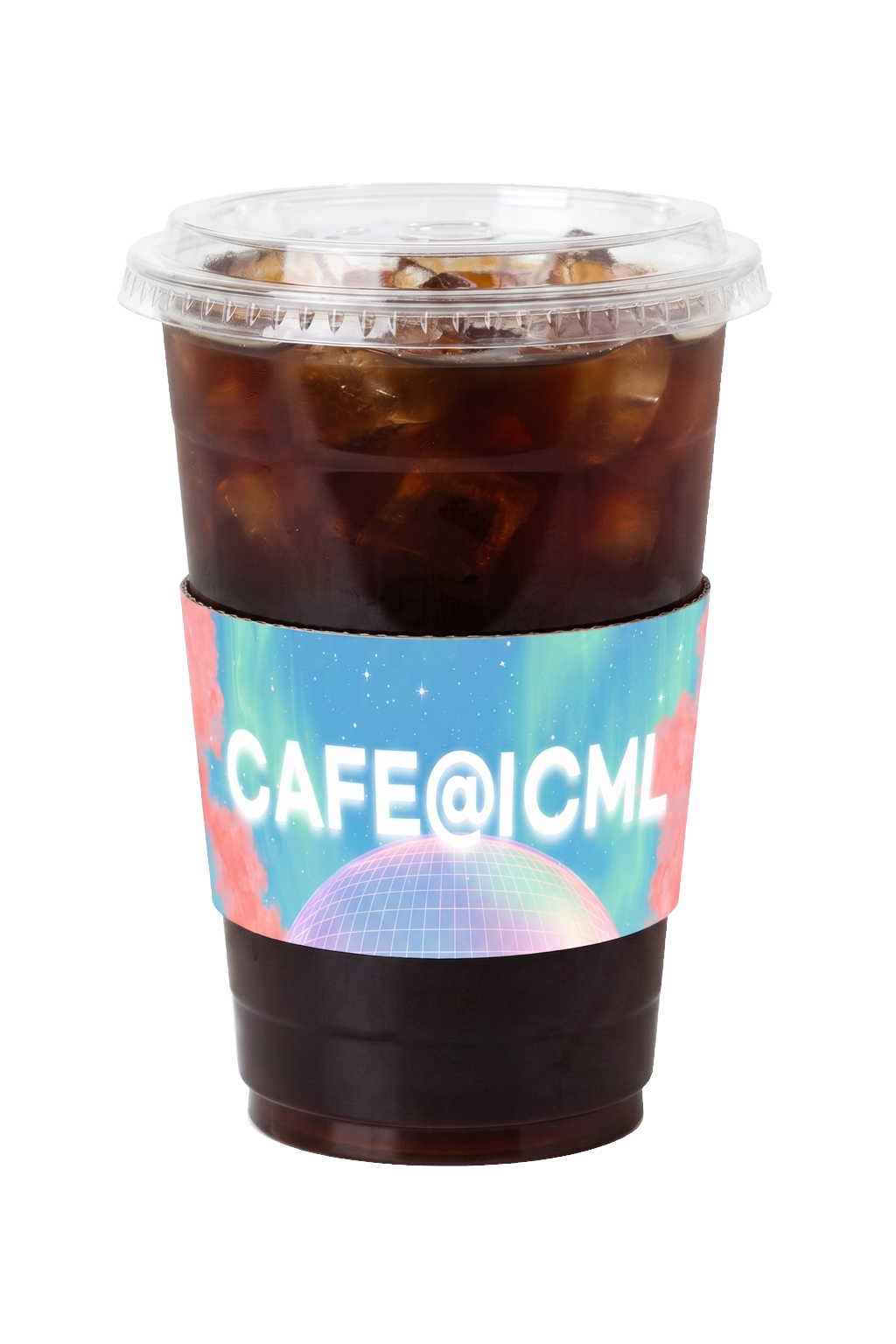 ICML Cold Brew Americano with a pastel city-pop CAFE@ICML cup sleeve