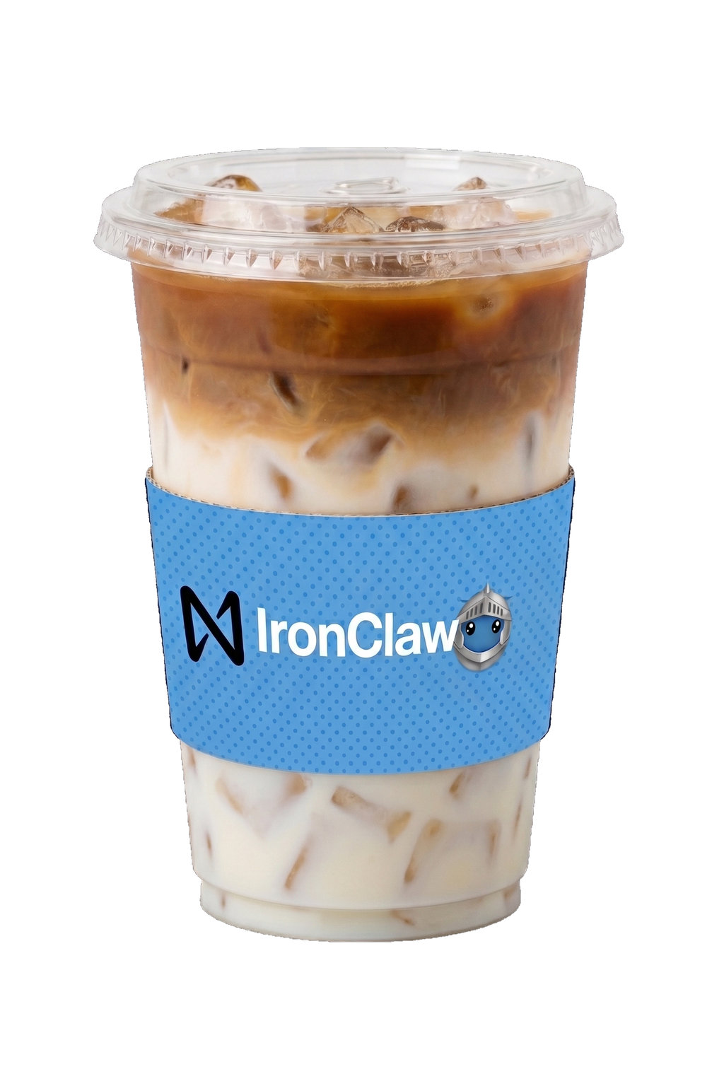 Ironclaw Iced Latte with a blue IronClaw cup sleeve