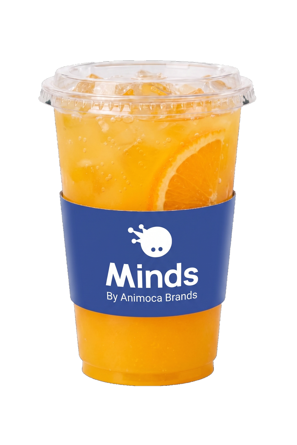 Minds Orange Juice with a deep blue Minds cup sleeve